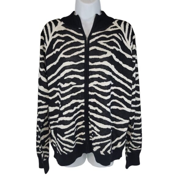 Joan Vass Zebra Jacket Cardigan Sweater Size 1X NEW NWT $98 Black White Zip Fron - Picture 1 of 5